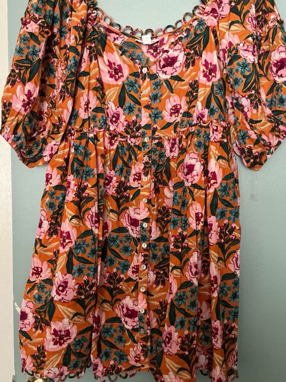 Topshop Orange Floral Button-Front Dress with Pink Blooms